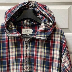 Vintage J. Crew Men's Medium Navy/Red Plaid Cotton Hooded Anorak Jacket 90's